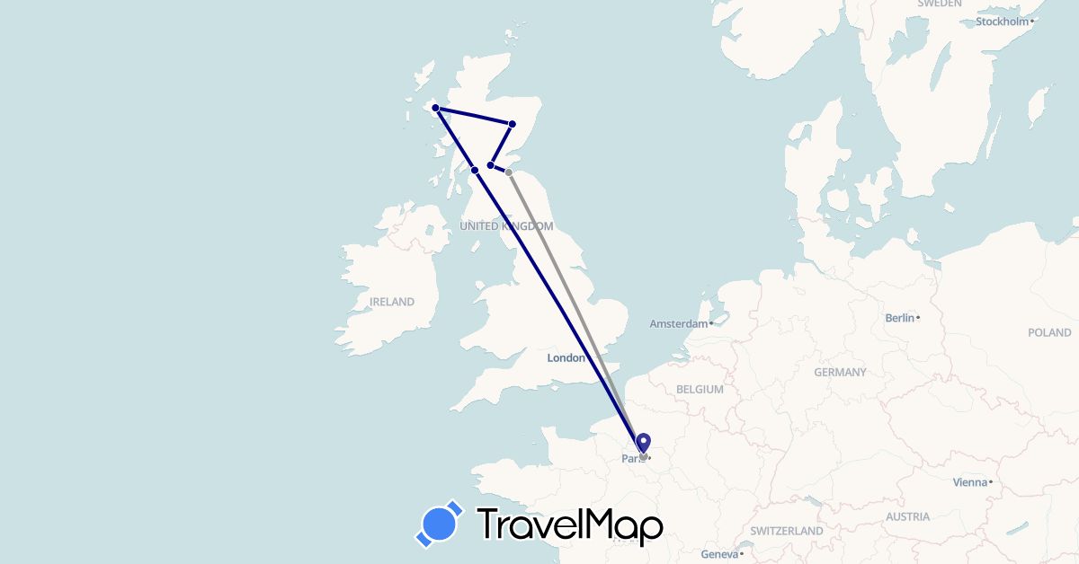 TravelMap itinerary: driving, plane in France, United Kingdom (Europe)